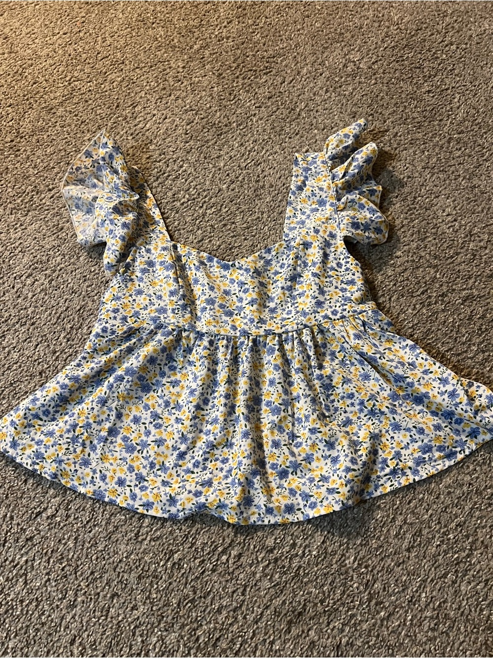 SHEIN Blue & Yellow Floral Ruffle Sleeve Tunic Top